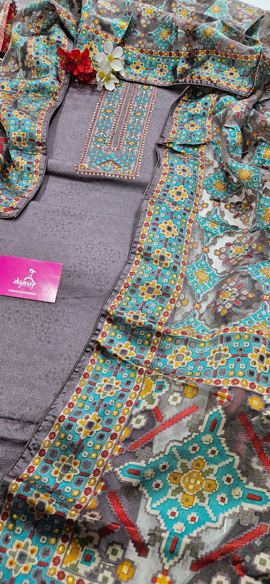 Karachi Patola Jaam Silk Unstitched Suit – Taupe color