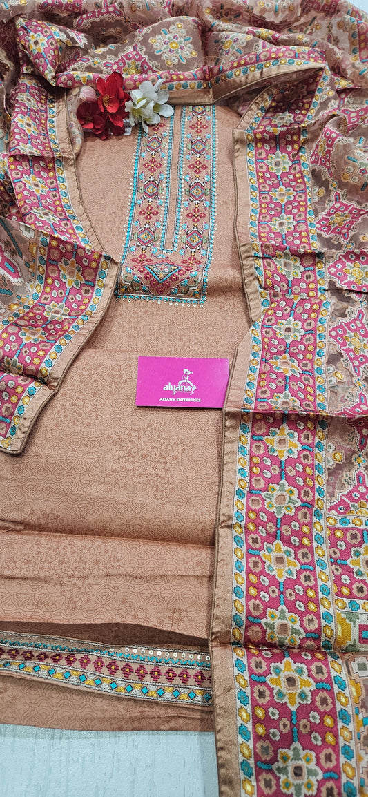 Karachi Patola Jaam Silk Unstitched Suit – Peach